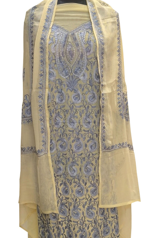 Pastel Kashmiri Aari Work Georgette Three Piece Unstitched Suit Set - Luxurion World