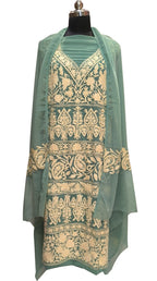 Elegant Blue Kashmiri Aari Work Georgette Three Piece Unstitched Suit Set - Luxurion World