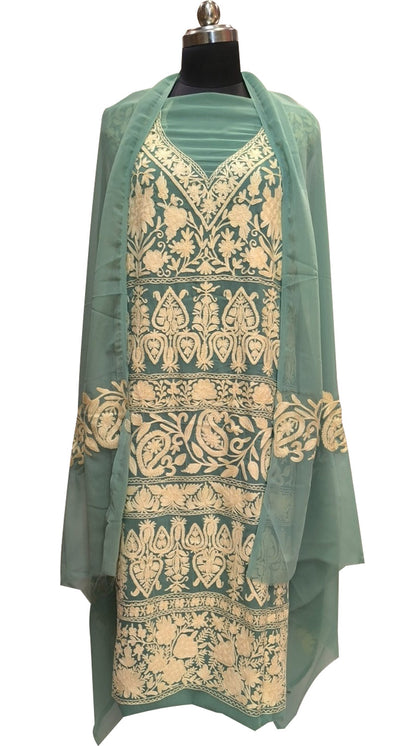 Elegant Blue Kashmiri Aari Work Georgette Three Piece Unstitched Suit Set - Luxurion World