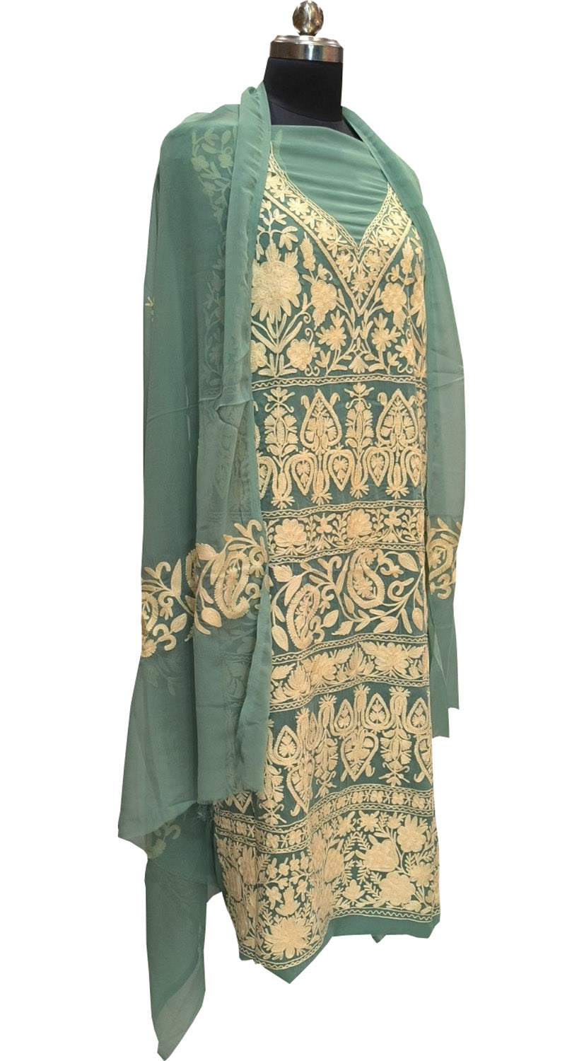 Elegant Blue Kashmiri Aari Work Georgette Three Piece Unstitched Suit Set - Luxurion World