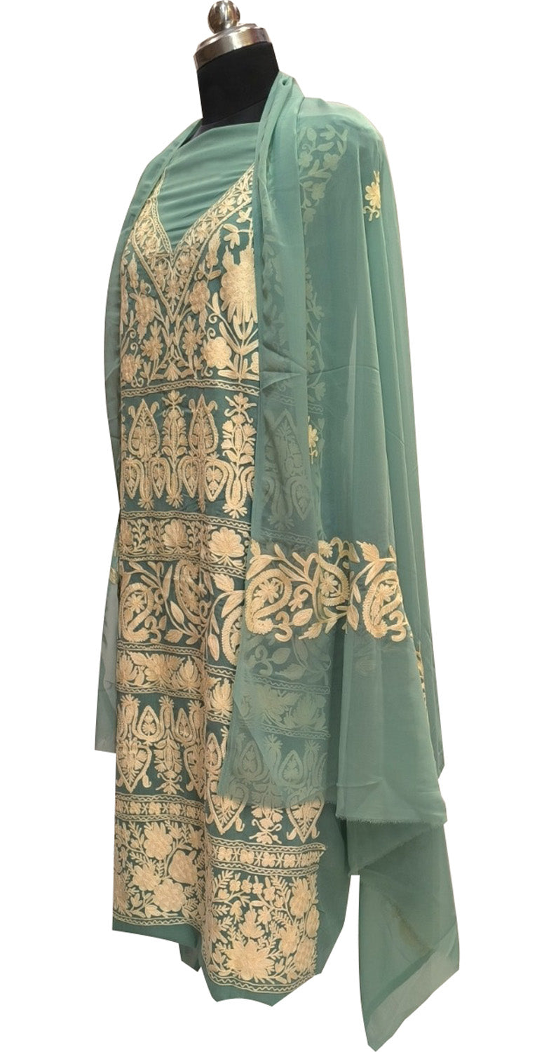 Elegant Blue Kashmiri Aari Work Georgette Three Piece Unstitched Suit Set - Luxurion World