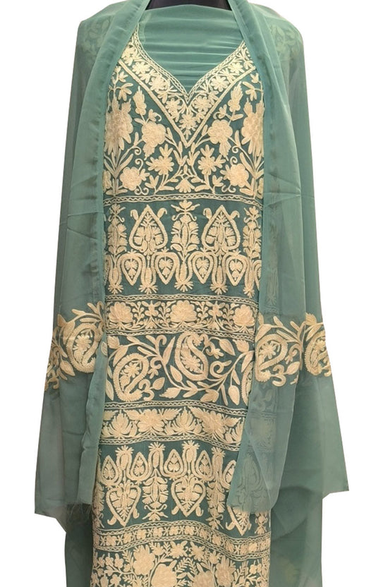 Elegant Blue Kashmiri Aari Work Georgette Three Piece Unstitched Suit Set - Luxurion World