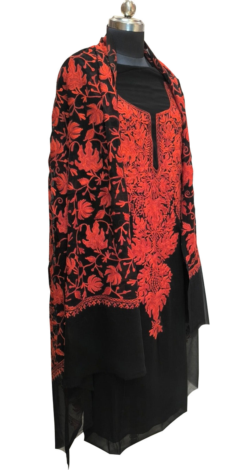Elegant Black Kashmiri Aari Work Georgette Three Piece Unstitched Suit Set - Luxurion World