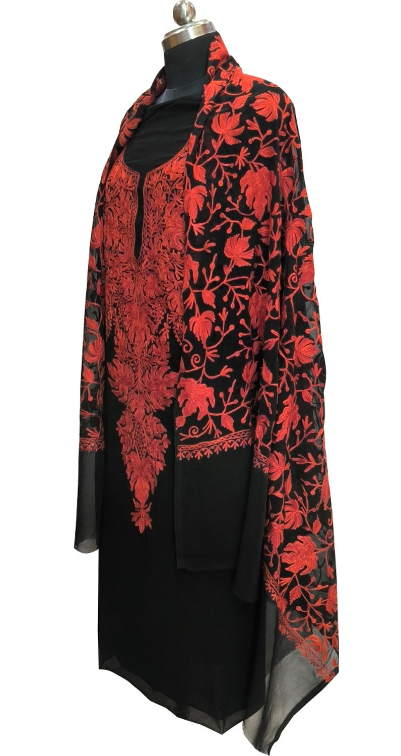 Elegant Black Kashmiri Aari Work Georgette Three Piece Unstitched Suit Set - Luxurion World