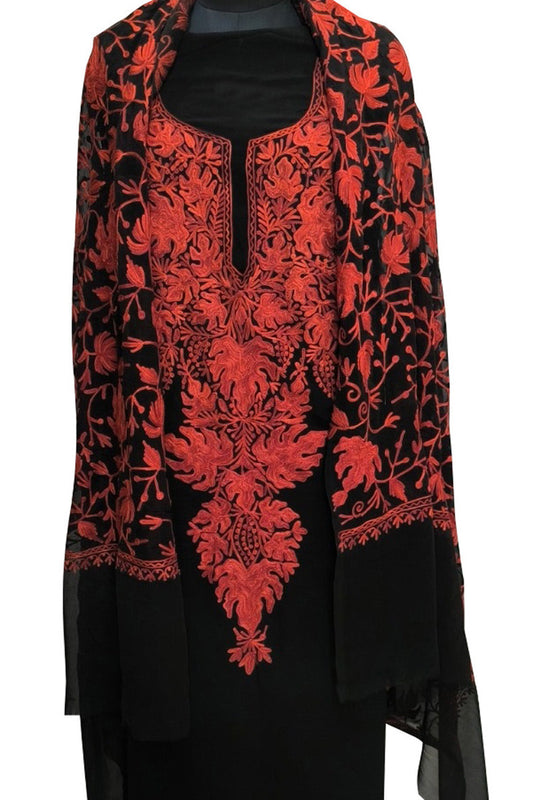Elegant Black Kashmiri Aari Work Georgette Three Piece Unstitched Suit Set - Luxurion World