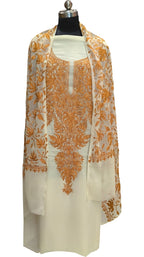 Elegant Off White Kashmiri Aari Work Georgette Three Piece Unstitched Suit Set - Luxurion World