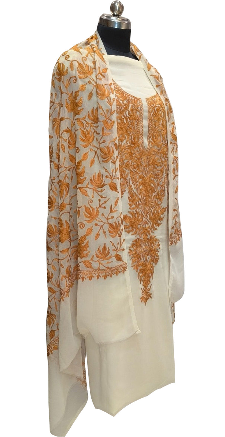 Elegant Off White Kashmiri Aari Work Georgette Three Piece Unstitched Suit Set - Luxurion World
