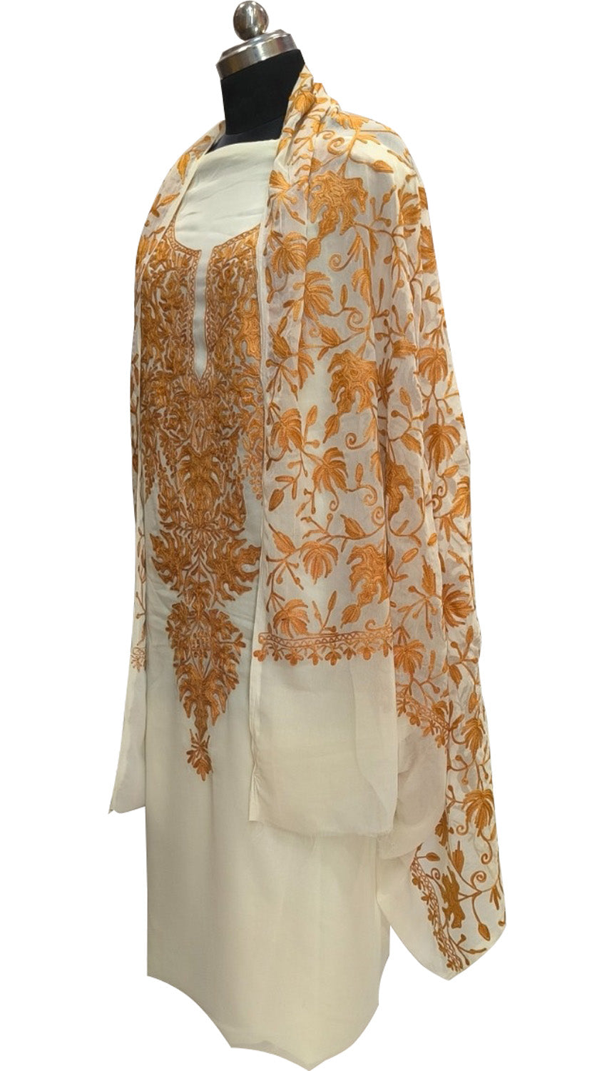 Elegant Off White Kashmiri Aari Work Georgette Three Piece Unstitched Suit Set - Luxurion World