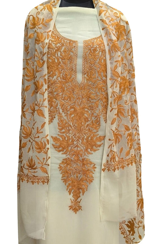 Elegant Off White Kashmiri Aari Work Georgette Three Piece Unstitched Suit Set - Luxurion World