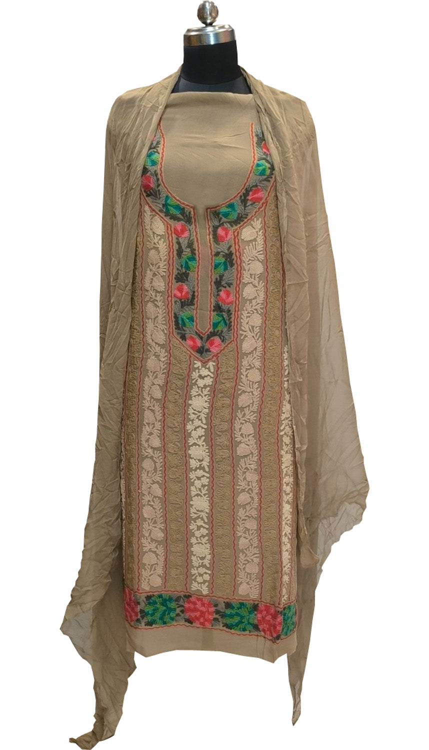 Pastel Kashmiri Aari Work Georgette Three Piece Unstitched Suit Set - Luxurion World