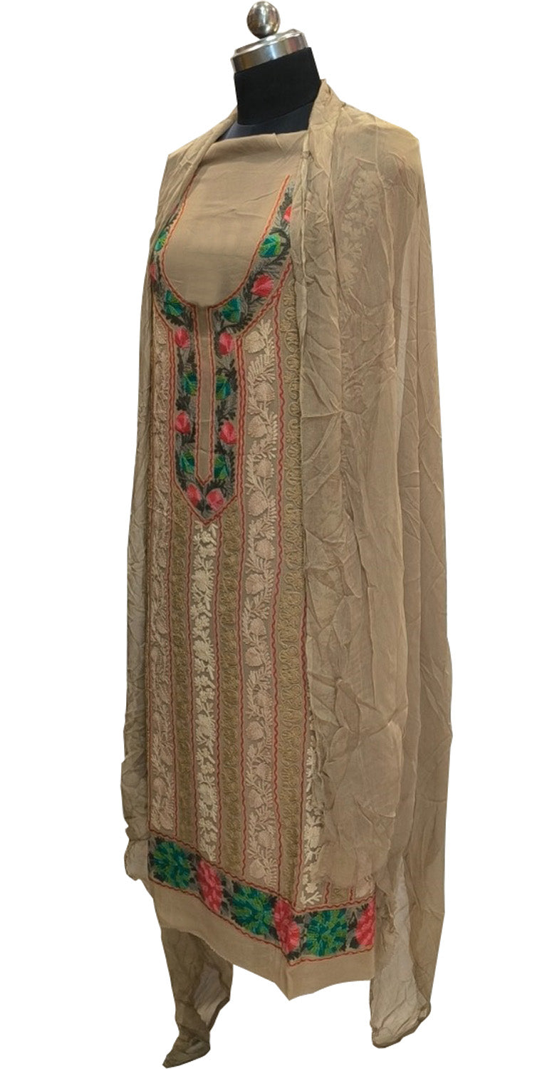 Pastel Kashmiri Aari Work Georgette Three Piece Unstitched Suit Set - Luxurion World