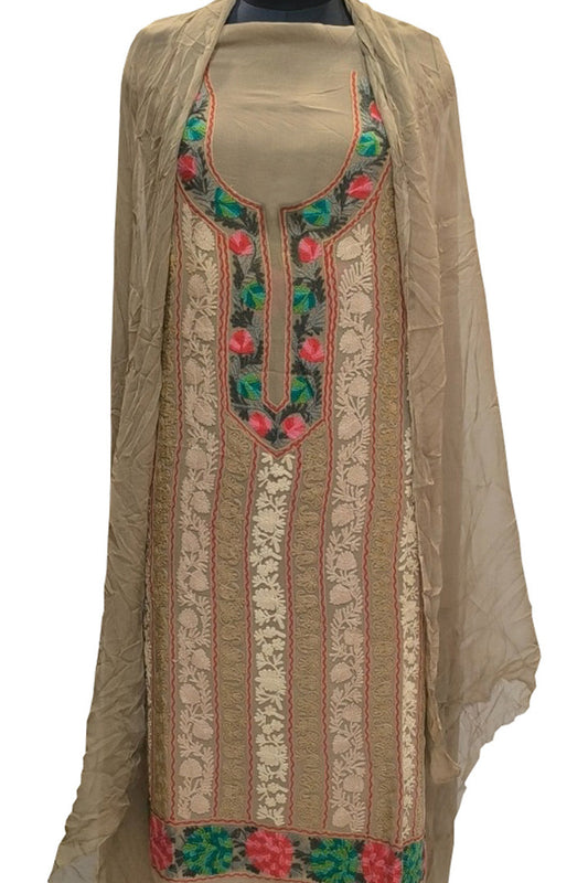 Pastel Kashmiri Aari Work Georgette Three Piece Unstitched Suit Set - Luxurion World