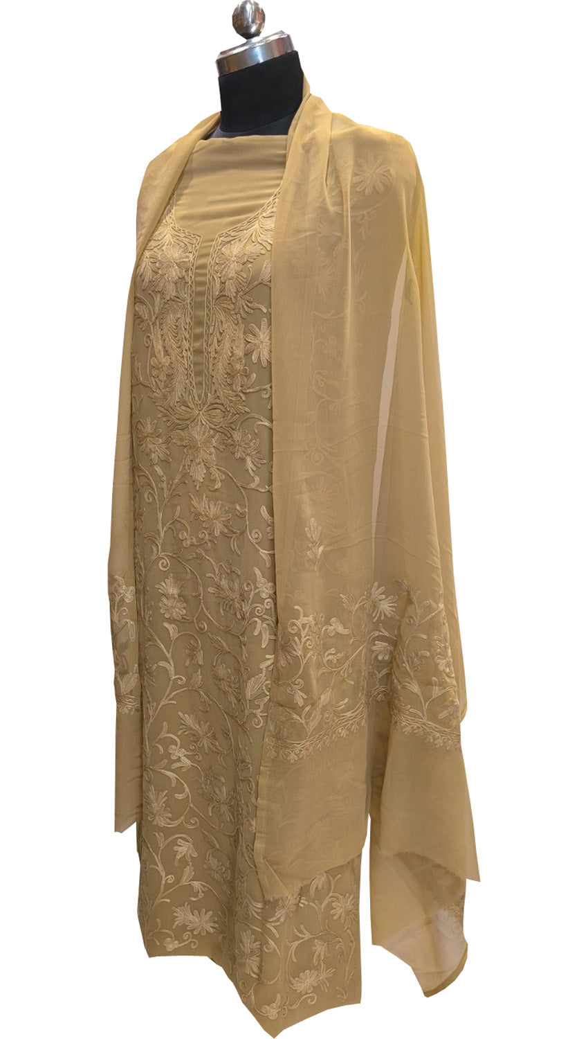 Pastel Kashmiri Aari Work Georgette Three Piece Unstitched Suit Set - Luxurion World