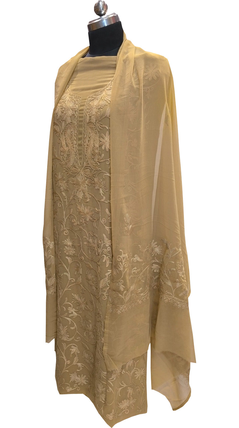 Pastel Kashmiri Aari Work Georgette Three Piece Unstitched Suit Set - Luxurion World