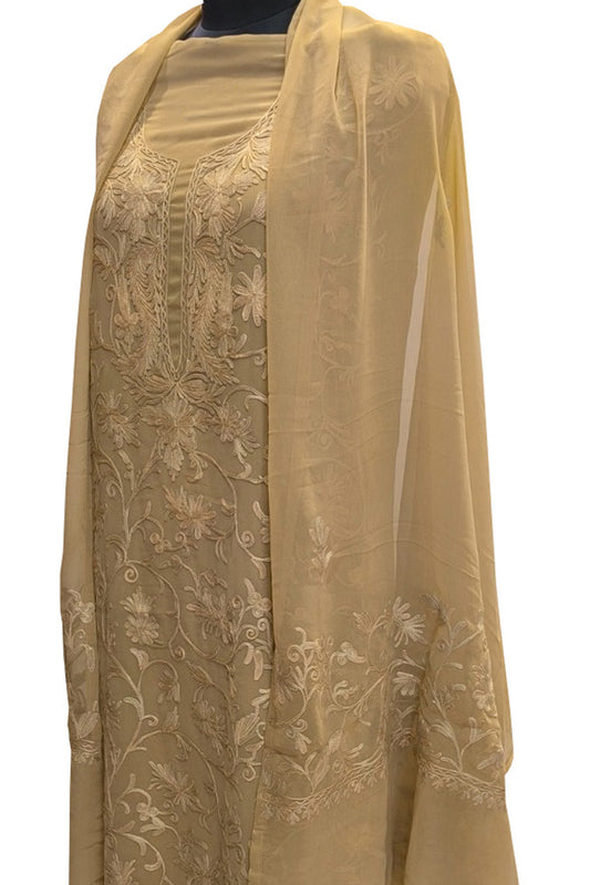 Pastel Kashmiri Aari Work Georgette Three Piece Unstitched Suit Set - Luxurion World