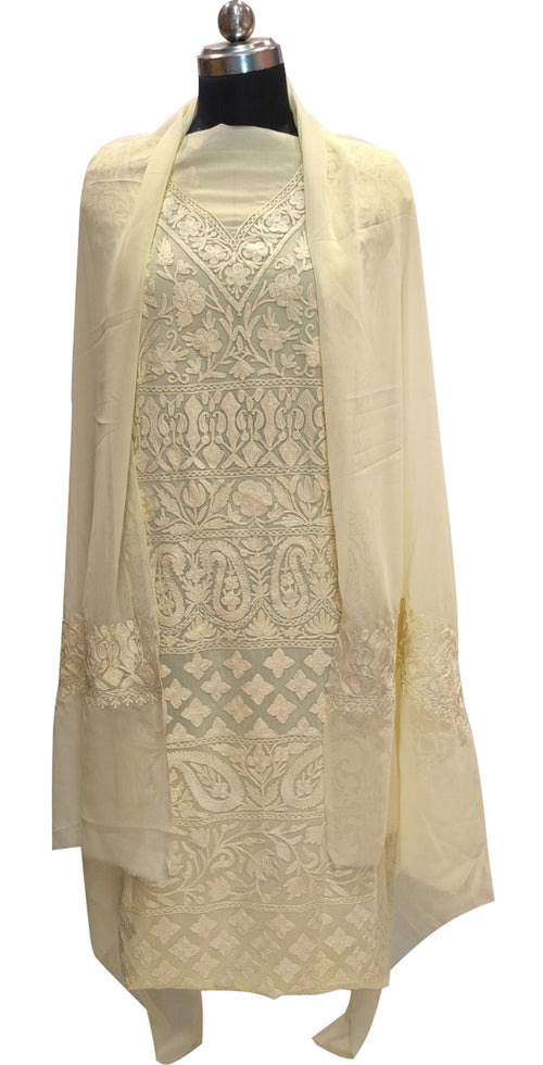 Elegant Pastel Kashmiri Aari Work Georgette Three Piece Unstitched Suit Set - Luxurion World