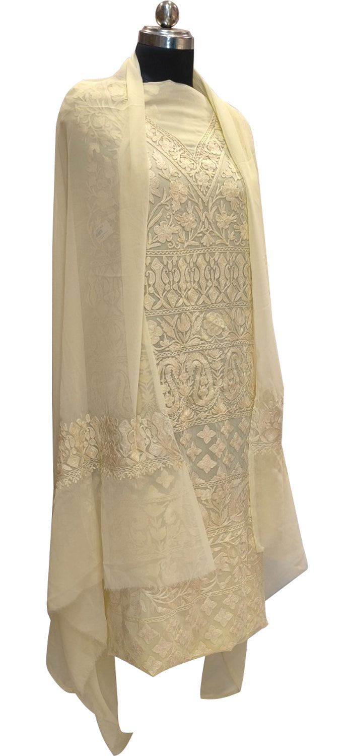 Elegant Pastel Kashmiri Aari Work Georgette Three Piece Unstitched Suit Set - Luxurion World