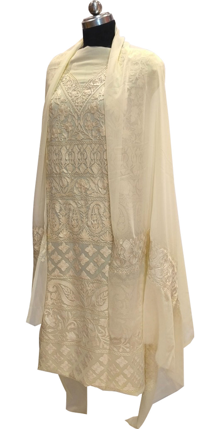 Elegant Pastel Kashmiri Aari Work Georgette Three Piece Unstitched Suit Set - Luxurion World