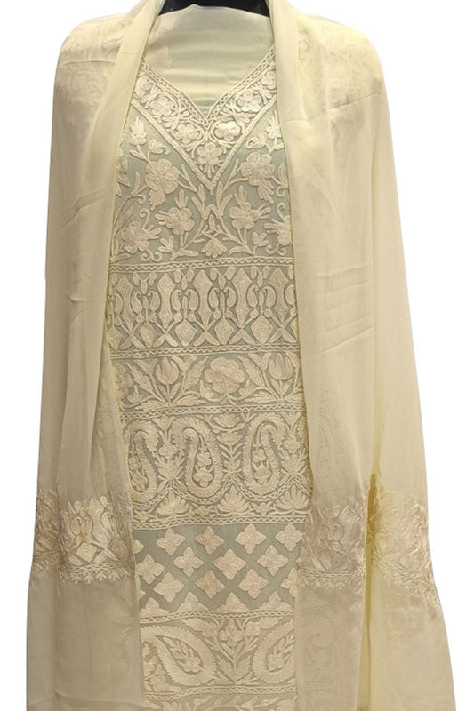 Elegant Pastel Kashmiri Aari Work Georgette Three Piece Unstitched Suit Set - Luxurion World