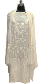 Elegant Off White Kashmiri Aari Work Georgette Three Piece Unstitched Suit Set - Luxurion World