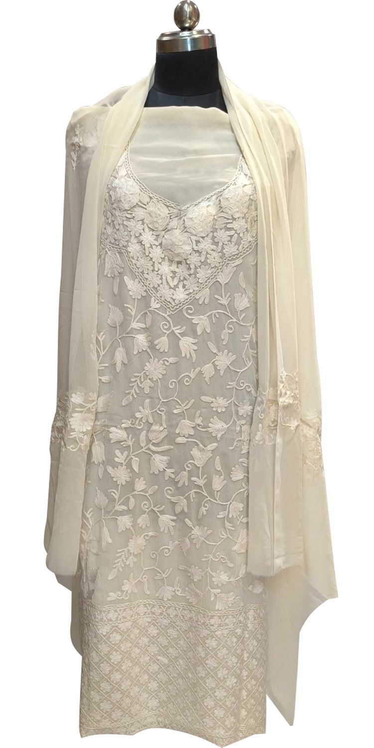 Elegant Off White Kashmiri Aari Work Georgette Three Piece Unstitched Suit Set - Luxurion World