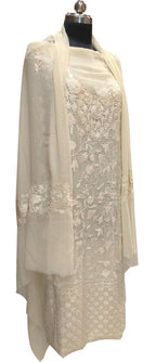 Elegant Off White Kashmiri Aari Work Georgette Three Piece Unstitched Suit Set - Luxurion World