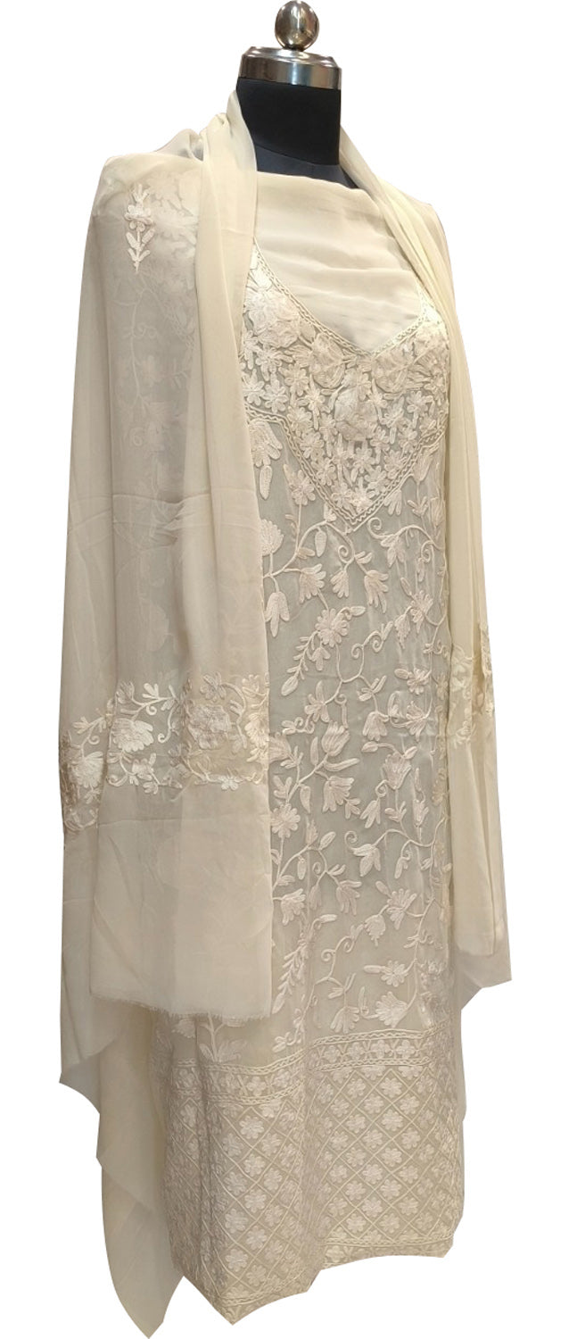 Elegant Off White Kashmiri Aari Work Georgette Three Piece Unstitched Suit Set - Luxurion World