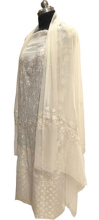 Elegant Off White Kashmiri Aari Work Georgette Three Piece Unstitched Suit Set - Luxurion World