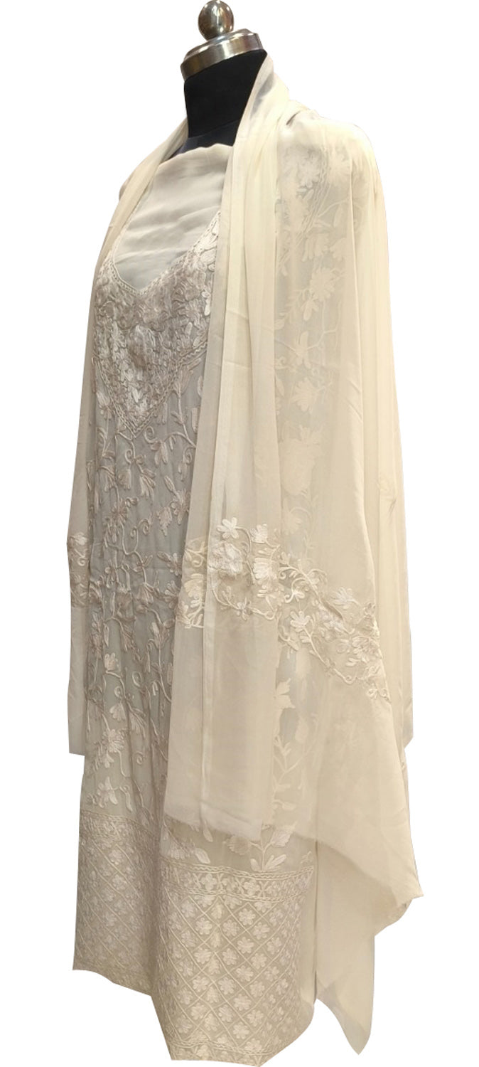 Elegant Off White Kashmiri Aari Work Georgette Three Piece Unstitched Suit Set - Luxurion World