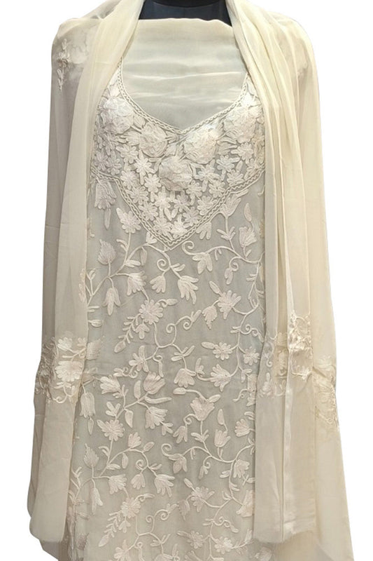 Elegant Off White Kashmiri Aari Work Georgette Three Piece Unstitched Suit Set - Luxurion World