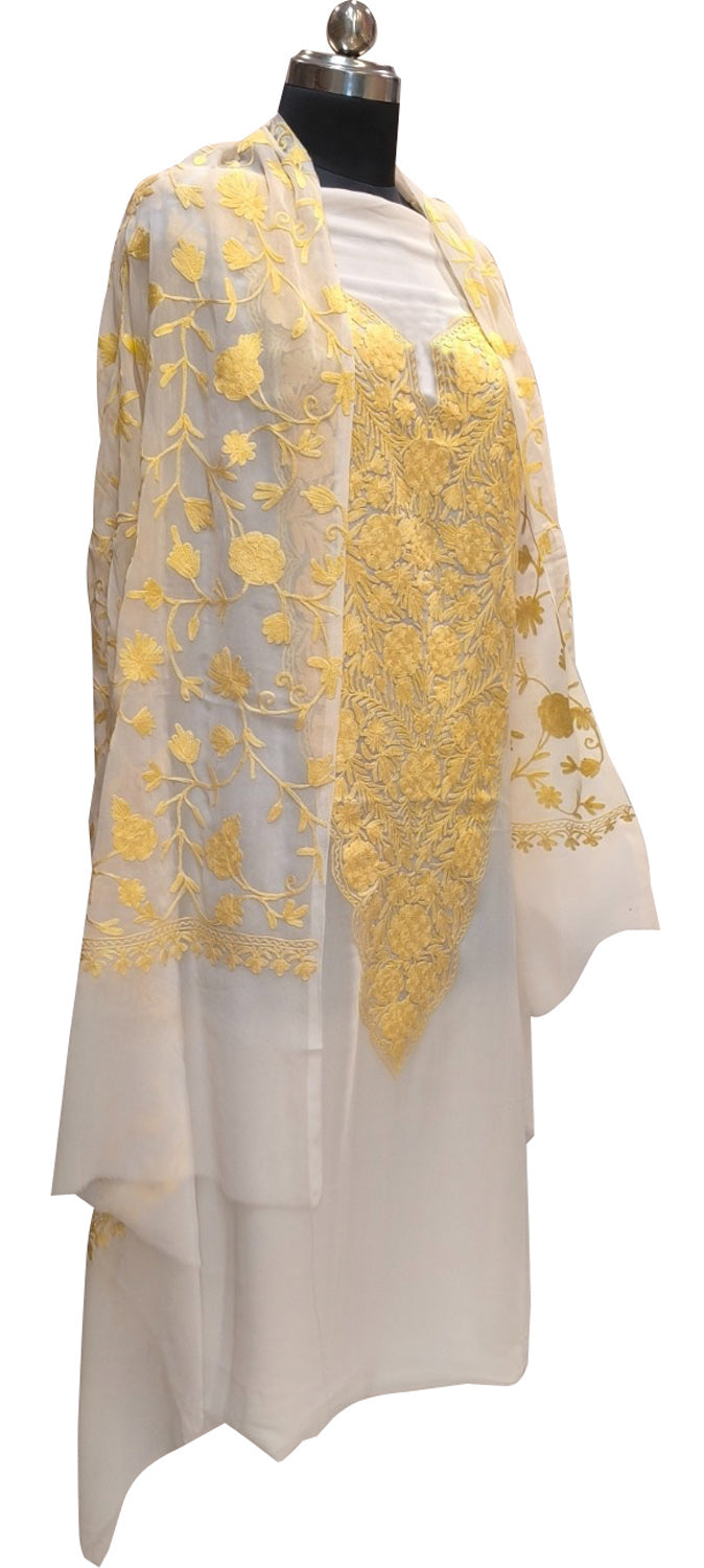 Elegant Off White Kashmiri Aari Work Georgette Three Piece Unstitched Suit Set - Luxurion World