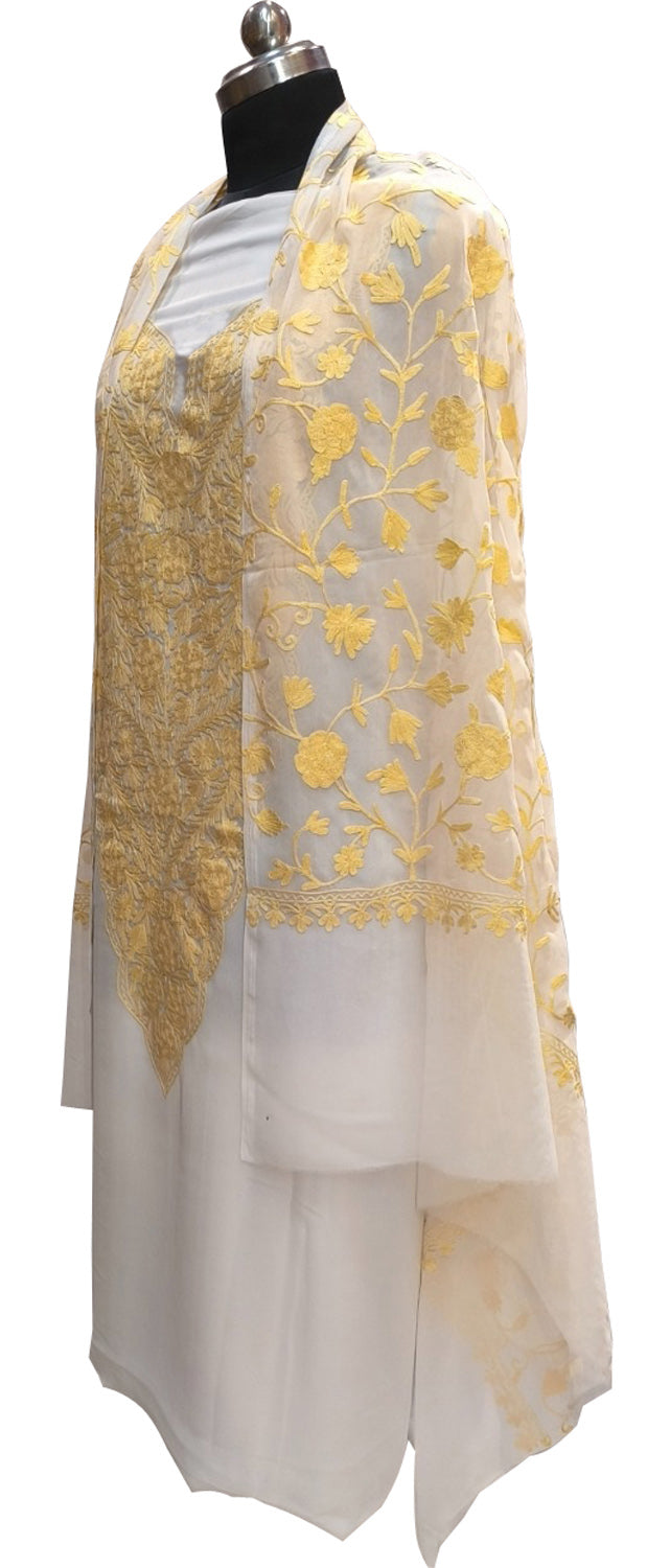 Elegant Off White Kashmiri Aari Work Georgette Three Piece Unstitched Suit Set - Luxurion World