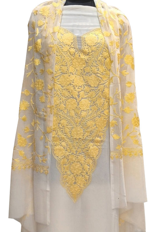 Elegant Off White Kashmiri Aari Work Georgette Three Piece Unstitched Suit Set - Luxurion World