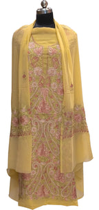 Yellow Kashmiri Aari Work Georgette Three Piece Unstitched Suit Set - Luxurion World