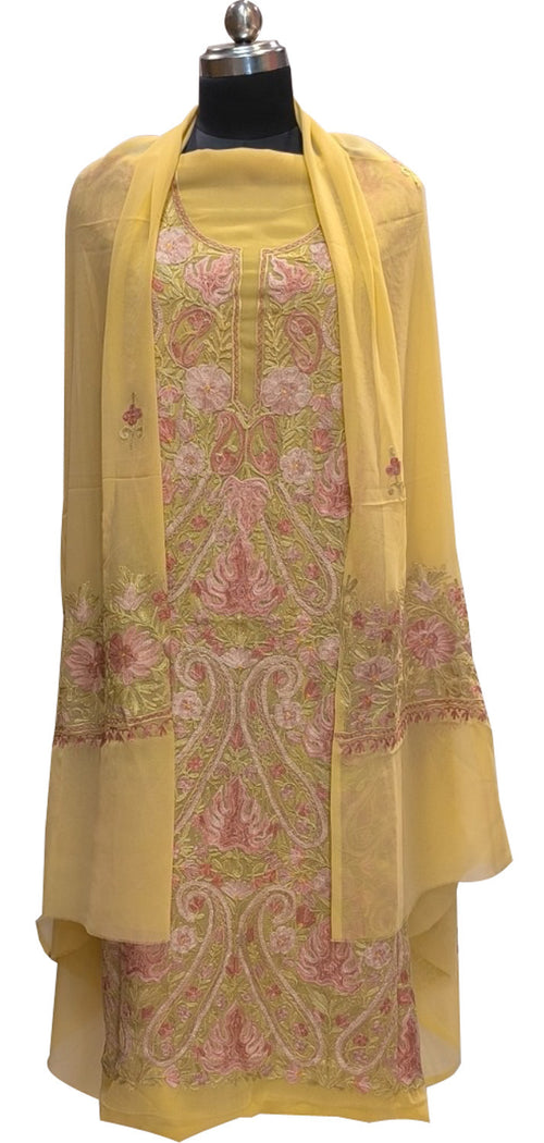 Yellow Kashmiri Aari Work Georgette Three Piece Unstitched Suit Set - Luxurion World