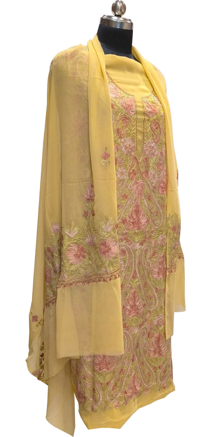 Yellow Kashmiri Aari Work Georgette Three Piece Unstitched Suit Set - Luxurion World