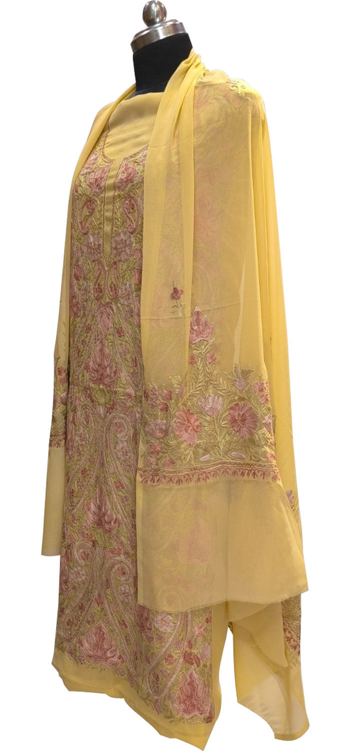 Yellow Kashmiri Aari Work Georgette Three Piece Unstitched Suit Set - Luxurion World