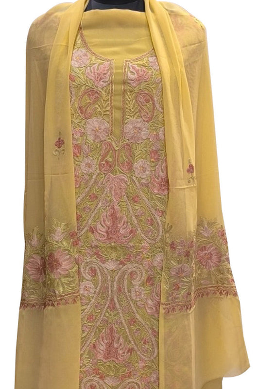Yellow Kashmiri Aari Work Georgette Three Piece Unstitched Suit Set - Luxurion World