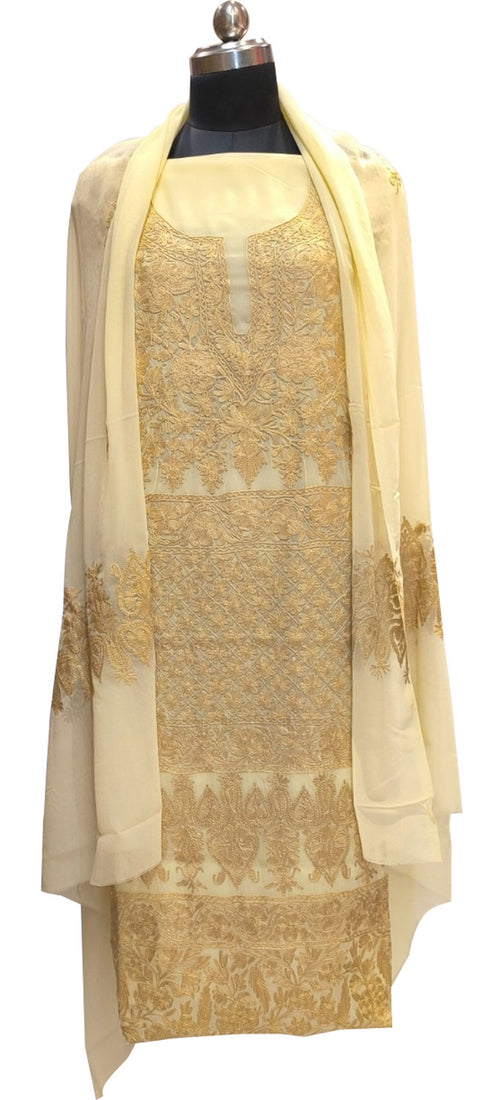 Pastel Kashmiri Aari Work Georgette Three Piece Unstitched Suit Set - Luxurion World