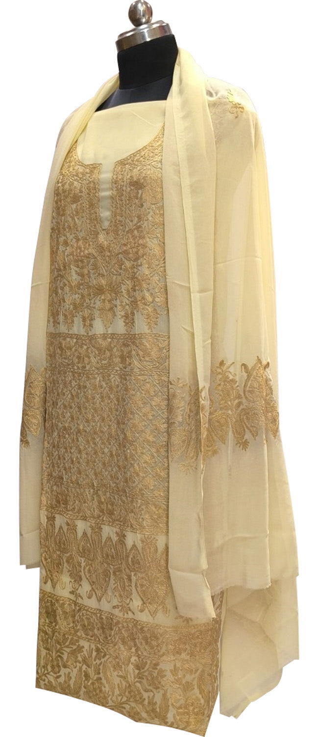 Pastel Kashmiri Aari Work Georgette Three Piece Unstitched Suit Set - Luxurion World