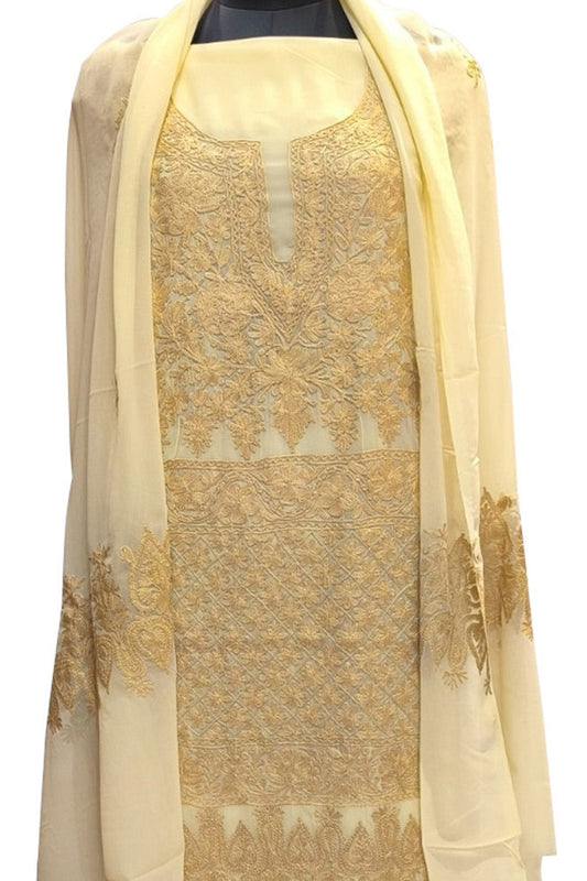 Pastel Kashmiri Aari Work Georgette Three Piece Unstitched Suit Set - Luxurion World