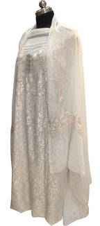 Elegant Off White Kashmiri Aari Work Georgette Three Piece Unstitched Suit Set - Luxurion World