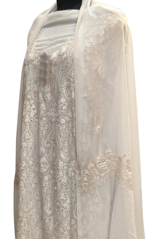 Elegant Off White Kashmiri Aari Work Georgette Three Piece Unstitched Suit Set - Luxurion World