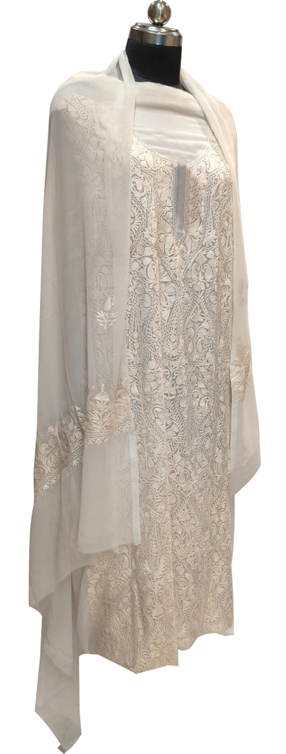 Elegant Off White Kashmiri Aari Work Georgette Three Piece Unstitched Suit Set - Luxurion World