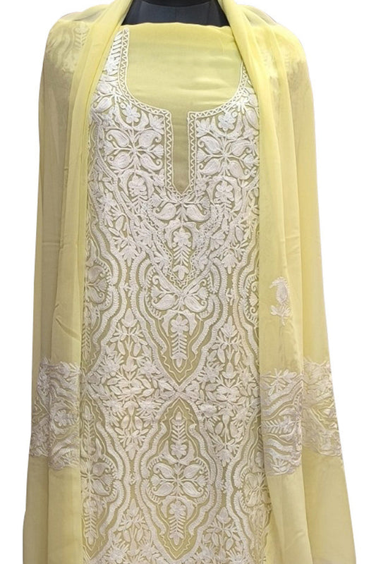 Yellow Kashmiri Aari Work Georgette Three Piece Unstitched Suit Set - Luxurion World