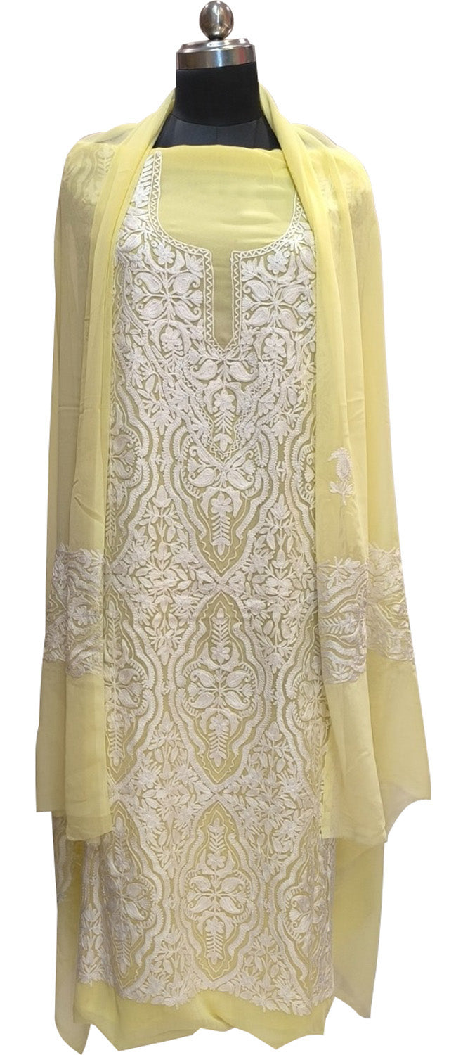 Yellow Kashmiri Aari Work Georgette Three Piece Unstitched Suit Set - Luxurion World