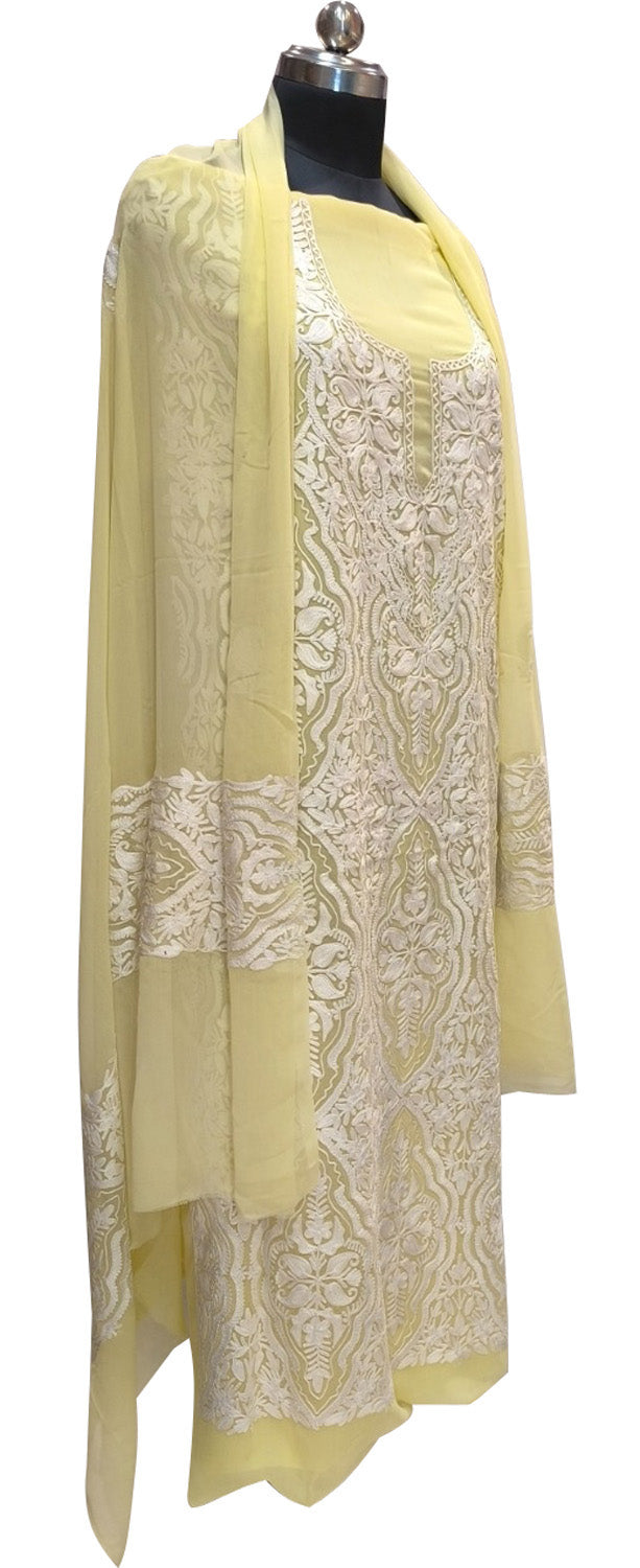 Yellow Kashmiri Aari Work Georgette Three Piece Unstitched Suit Set - Luxurion World