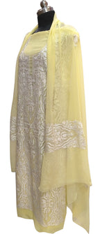 Yellow Kashmiri Aari Work Georgette Three Piece Unstitched Suit Set - Luxurion World