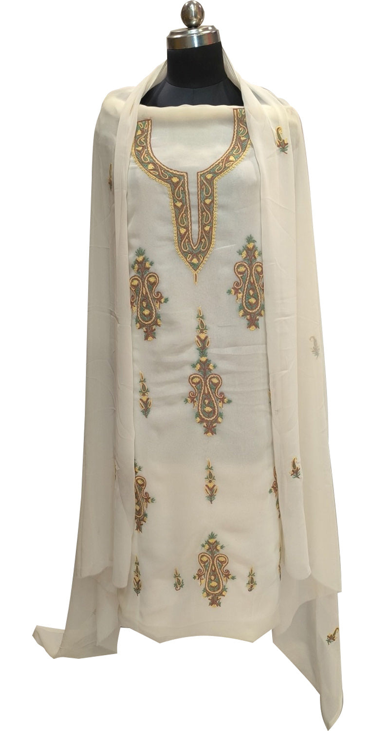 Elegant Off White Kashmiri Aari Work Georgette Three Piece Unstitched Suit Set - Luxurion World