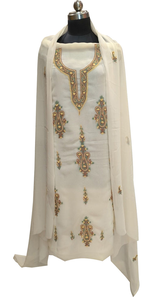 Elegant Off White Kashmiri Aari Work Georgette Three Piece Unstitched Suit Set - Luxurion World